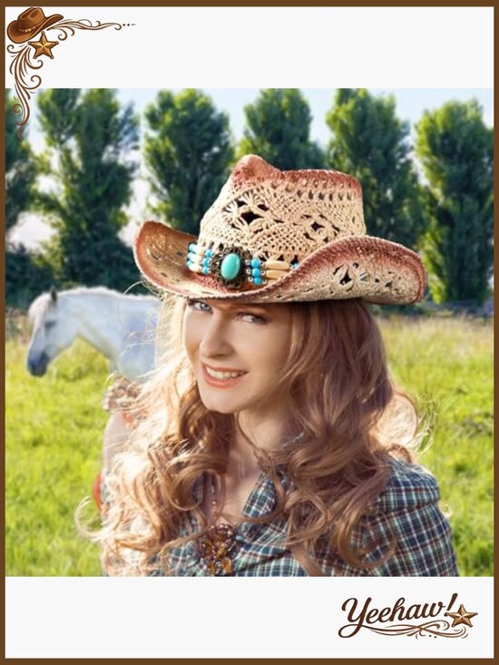 Straw Cowgirl Hat Foldable Western Sun Hat with Interchangeable Bands main image 7